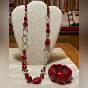 Elegant Vintage Red and Silver Necklace and Bracelet Set